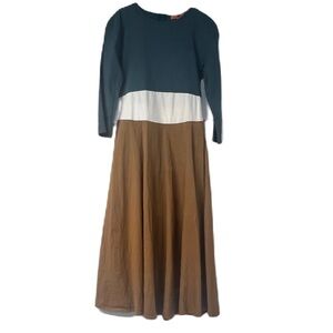 Maple & Cliff girls sz m brown white blue midi straight 3/4 dress casual fun